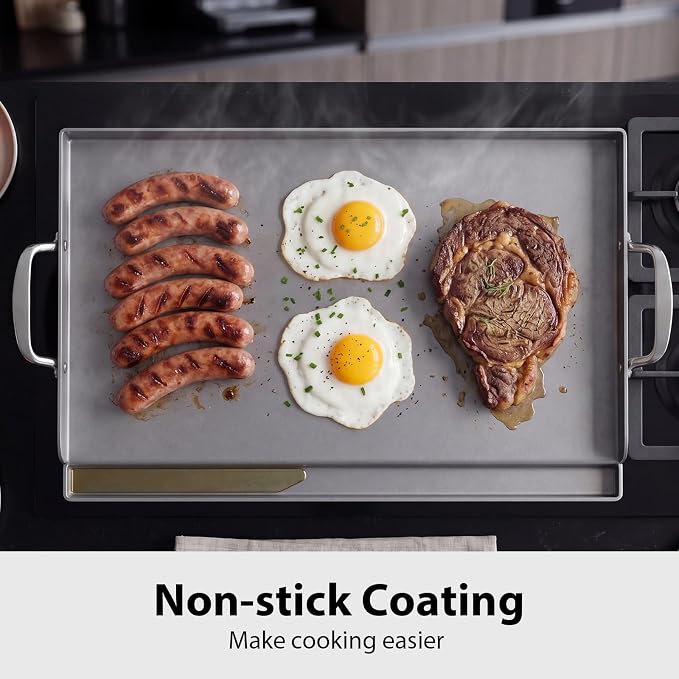 Utheer Cast Iron Griddle for Gas Grill, 25 x 16 Inch Flat Top Plate | Large cooking surface with removable handles, ideal for burgers, steaks, vegetables, camping and tailgating