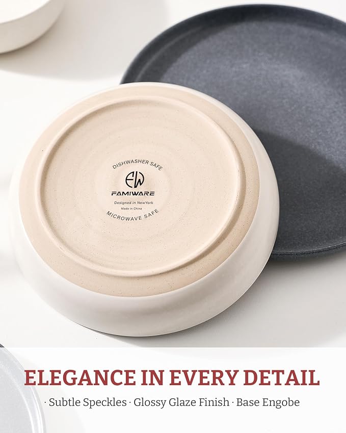 famiware Milkyway 33 oz Pasta Bowls Set of 4, Dark Charcoal & White | Double Reactive Glaze, Scratch-Resistant Stoneware Salad Bowls, Stackable, Dishwasher & Microwave Safe, Lead-Free