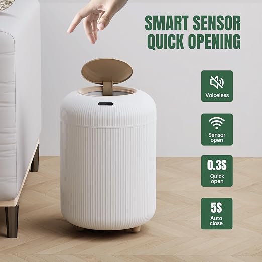 URALFA Bathroom Trah Can with Lid, Motion Sensor Trash Can Touchless | 3 Gallon Automatic Bathroom Garbage Can, Smart Trash Bin for Bedroom, Office, Restroom, Removable Legs, White and Gold