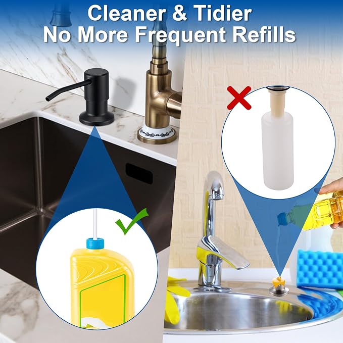 Soap Dispenser for Kitchen Sink, Countertop/Built in Dish Soap Dispenser | Sink Soap Dispenser with Stainless Steel Pump and 47" Silicone Extension Tube Kit, No Need to Frequent Refills-Matte Black