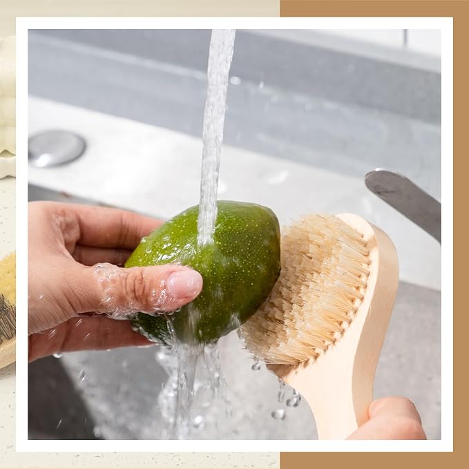 Honeydak 2 Pcs Wooden Potato Scrubber Brush Vegetable Cleaning Scrubber 7.87 Inch Long 3.15 Inch in Diameter with Long Handle for Potato Carrot Cucumber Fruits Dish Brush for Pans Pots