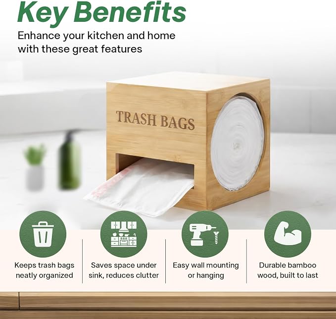 Trash bag holder dispenser | Bamboo garbage bag holder dispenser for Under Sink Storage | Wall Mount trash bag holder | Portable Hanging Organizer for Kitchen & Utility Use