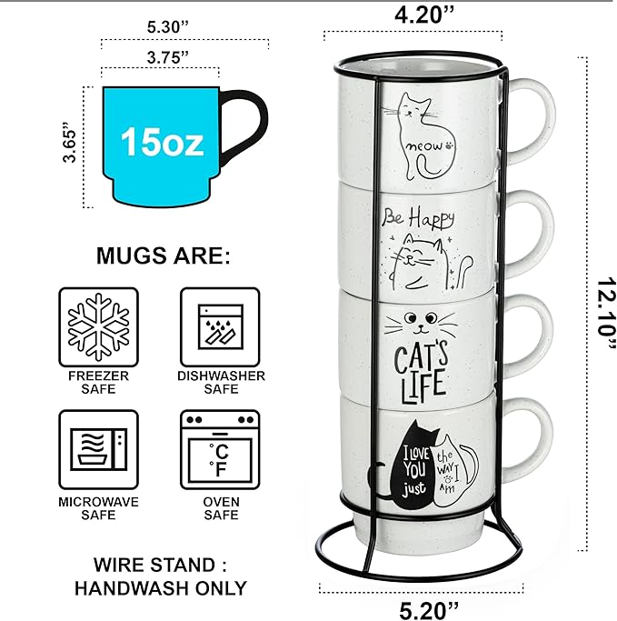 Signature Housewares Stackable Coffee Mug Tower Set with Metal Wire Rack - 15 Ounce Coffee Mugs for Coffee, Tea, Cocoa, Milk, Cappuccino, Hot Chocolate Set of 4 - Cat's Life