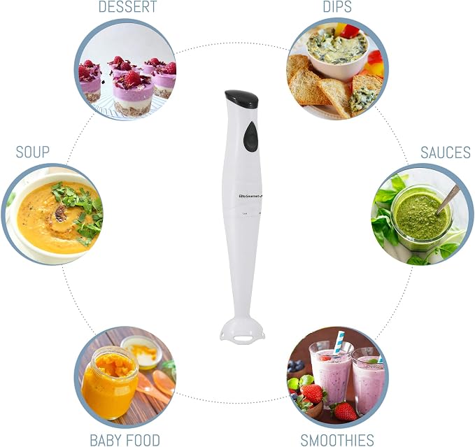 Elite Gourmet EHB-2425X Immersion Hand Blender, 1-Touch, 150W, White | Doubles as a mixer and chopper for soups, sauces, and baby food
