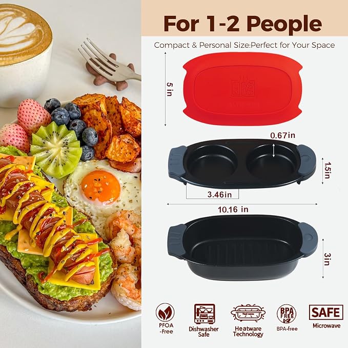 MKYSAIL Quick-Heat Microwave Egg Cooker and 33 OZ Microwave Grill Combo | 2-Piece Breakfast Maker Set for Grilling,Crisping,Bacon,Pancakes & Veggies,Dishwasher Safe,Non-Stick for RV, Dorm, Gift(Red)