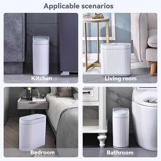 ELPHECO Bathroom Trash Can with lid 2.5 Gallon Motion Sensor White and Gray | Slim Wastebasket, Automatic Trash Bin Bathroom Decor for Bedroom and Office