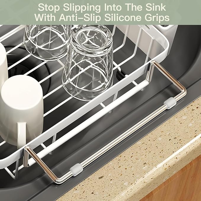 White Dish Drying Rack Over The Sink with Utensil Holder, Mat | Expandable Stainless Steel Dish Drainer for Small Kitchen, Apartment, RV, Counter Space Saving, Perfect Fit, Rustproof