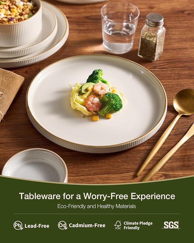 Famiware Star Stoneware Dinnerware Sets, Rimmed Plates and Bowls Set for 4 | 12-Piece Ceramic Ribbed Dishes, Chip & Scratch Resistant, Microwave & Dishwasher Safe, Everyday Dining, Rustic Modern, White