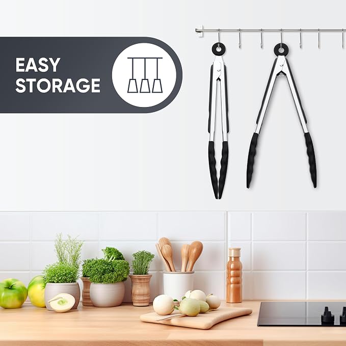 9 Inch Kitchen Tongs, Stainless Steel Cooking Tongs with Silicone Tips | For Cooking/Serving/Grilling | Heat-Resistant | Food-Grade Material | Dishwasher Safe | Black