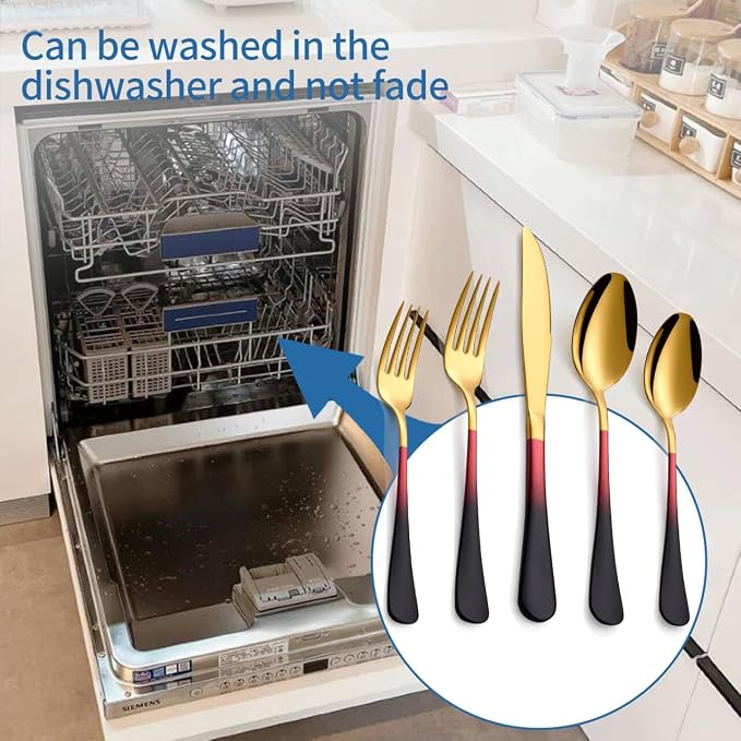 20-Piece Black Red Gold Silverware Set, 18/0 Stainless Steel Colorful Handle Flatware Set,Service for 4,Modern Cutlery Set Includes Dinner Knives Forks Spoons,Mirror Polished,Dishwasher Safe