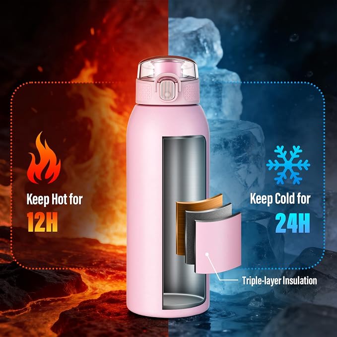 Insulated Water Bottle 24 oz with Dustproof Lid, Carry Handle & Tea Infuser, BPA-Free & Leakproof, Stainless Steel Water Bottles Ideal for Fitness, Hiking, Office & Outdoor Use （Water Pink）