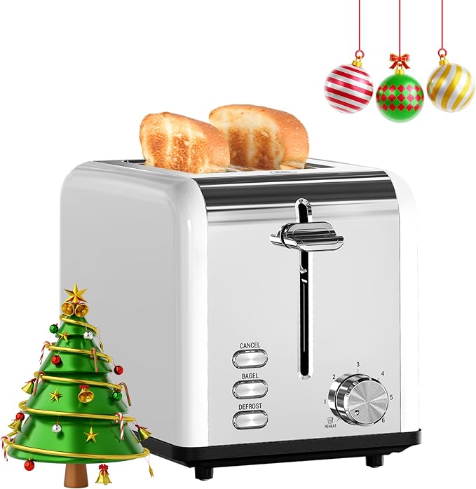 HealSmart 2-Slice Stainless Steel Toaster, 6 Browning Setting and 3 Function Toaster, Extra Wide Slot & Removable Crumb Tray, for Bread & Waffle, White