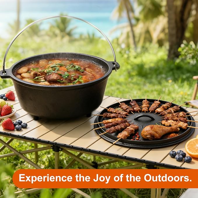 Pre-Seasoned 10QT Large Cast Iron Camping Dutch Oven Pot with Lid | Heavy- Duty Camping Cookware incl. Lid Lifter - Dual Handles - for Outdoor Campfire, Grill, Oven & Stovetop Cooking Black