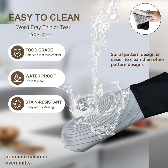 Silicone Oven Mitts-13.6 in Extended Oven Mitts Heat Resistant 500F, Oven Gloves with Soft Liner Good Grippy BPA-Free Easy to Clean Flexible-Oven Mits Set for Cooking Baking Grilling BBQ