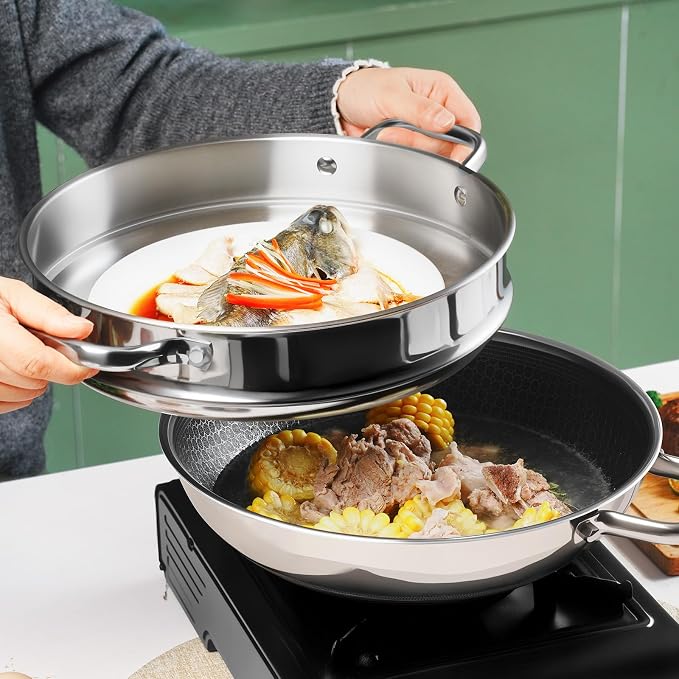 SLOTTET Hybrid 12-Inch Wok with Steamer,Nonstick Stainless Steel Woks & Stir-fry pans with Lid,Stay-Cool Handle,PFOA Free Cookware,Dishwasher and Oven Safe, Works on Induction