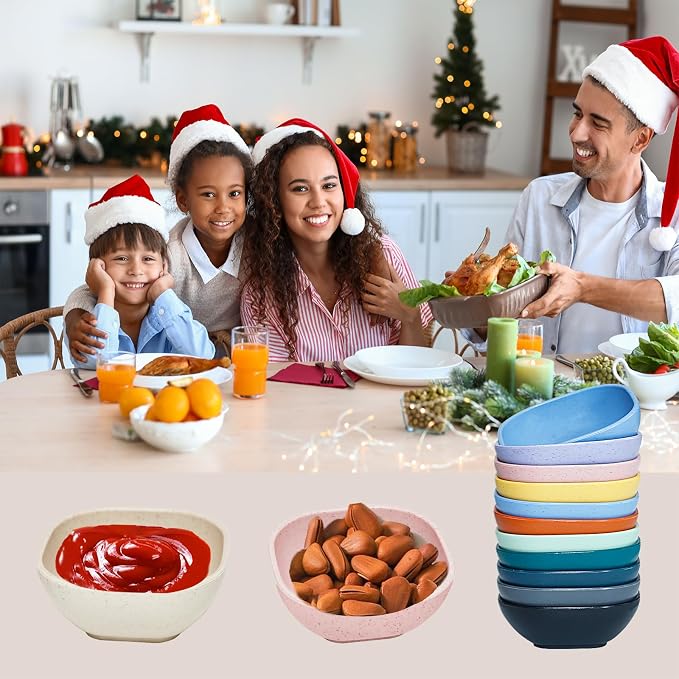 SHECIPIN 12 Pack Mini Square Dinnerware Bowls for Kids 4.5 OZ Unbreakable Wheat Straw Dipping Bowls, Nuts, Candy, or Dips(Multicolor)
