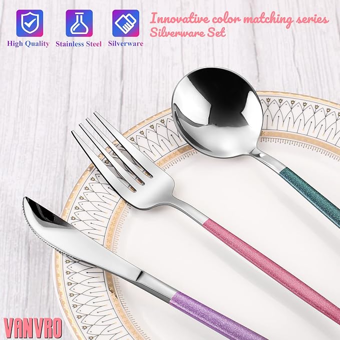 VANVRO Mirror Silver multicolor Silverware Set, 20-Piece Stainless Steel Flatware Set, Satin Finish tableware Cutlery Set, Service for 4, Home and Restaurant, Dishwasher Safe