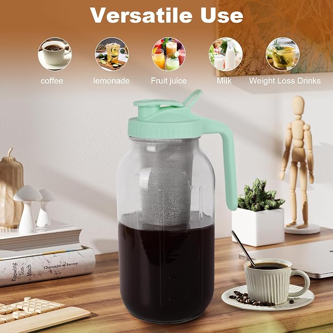 Cold Brew Coffee Maker, 64 oz Mason Jar Pitcher with Stainless Steel Filter, Pour Spout Handle Lid, Heavy Duty Glass Airtight & Leak-Proof for Iced Coffee,Tea & Lemonade