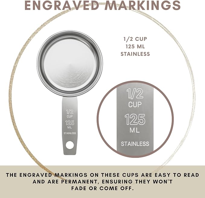 1/2 Cup Stainless Steel Measuring Cup | Sturdy Metal 125 ml | 125 cc | 4 oz | Single Cup for Wet and Dry Ingredients | Great for use as 1/2 Cup Dog Food Scoop - 4 PK