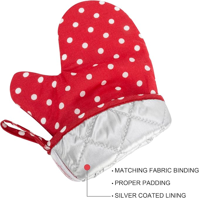 NEOVIVA Kitchen Oven Mitts for Kids,Heat Resistant Cotton Oven Gloves | Set of 2,for Cooking,Baking,Play Kitchen,Farmhouse Restaurant,Polka Dot Red
