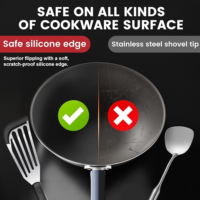 Silicone Fish Spatula, Heat Resistant Silicone Edge for Nonstick Cookware, Fish Turner for Kitchen Use, Flexible and Thin Stainless Steel Slotted Spatula,12.2 * 3.42 Inch, Black