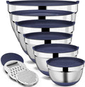 9 Pack Mixing Bowls with Airtight Lids & Grater Attachments, Navy | Stainless Steel Bowl, Non-slip Bases, Nesting Kitchen Bowl, Size 5, 4, 3, 2, 1.5,1QT,for Food Prep, Baking, Storage & Serving