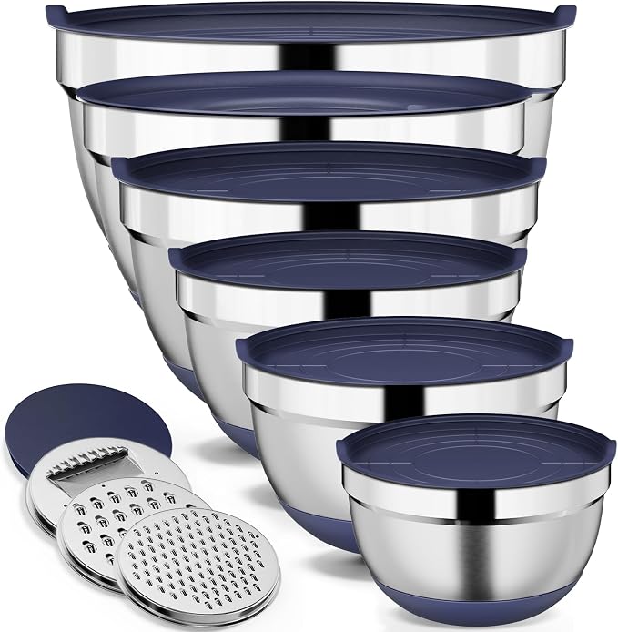 9 Pack Mixing Bowls with Airtight Lids & Grater Attachments, Navy | Stainless Steel Bowl, Non-slip Bases, Nesting Kitchen Bowl, Size 5, 4, 3, 2, 1.5,1QT,for Food Prep, Baking, Storage & Serving