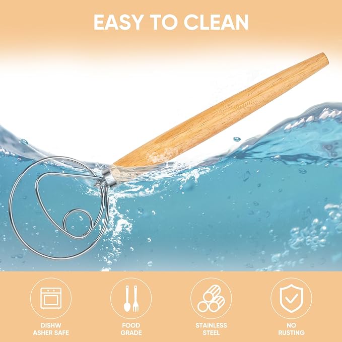Maxjoy Danish Dough Whisk, Stainless Steel Wooden Bread Tool for Sourdough | Wooden Handle Dutch Dough Hook, Replaces Mixer and Spoon for Sourdough Pastry Pizza, Food Safe, Rust Resistant, Easy Clean