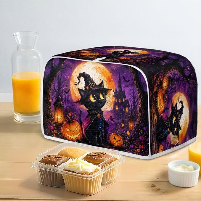 Witch Cat Print Toaster Dust Cover Pumpkin Print Bread Maker Machine Covers Anti Fingerprint Kitchen Small Appliance Cover for Halloween Decor