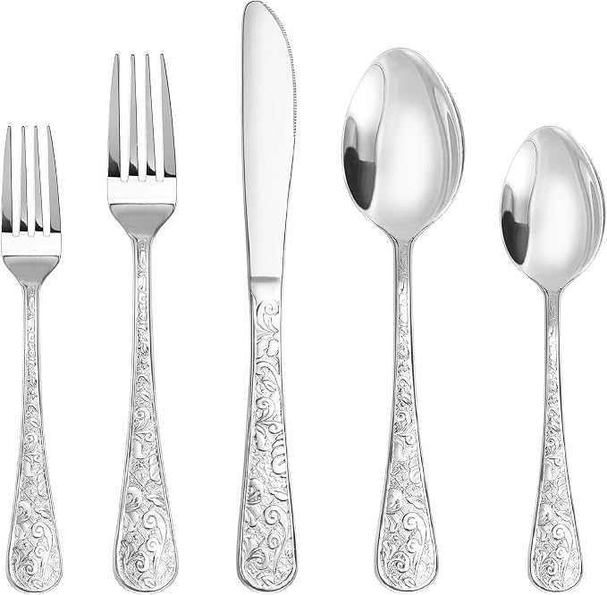 Runfly Vintage Carved Silver Stainless Steel 20-Piece Flatware Set | Silverware Set, Modern Embossed Cutlery Set Utensils Kitchen Including Fork Spoon and Knife