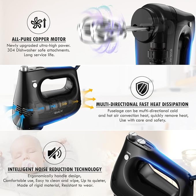 GUALIU Electric Hand Mixer, 304*(2* Beaters, 2* Dough Hooks), (1* Storage Bag) Handheld Mixer for Baking Cakes, Eggs, Cream Food Mixers, Turbo Boost /5 Speed Kitchen Blender BLACK