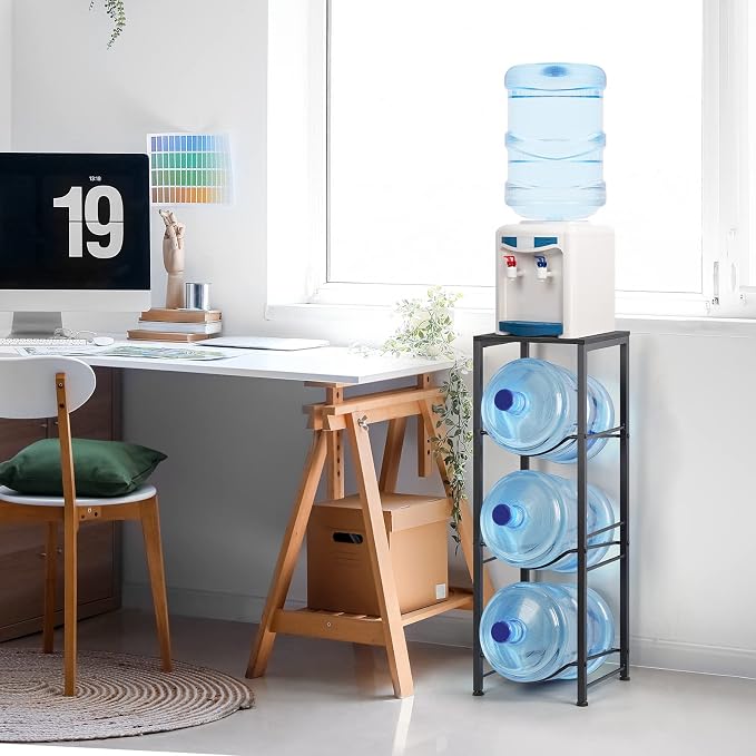 OYEAL Water Bottle Holder Organizer 5 Gallon Water Jug Stand with Shelves, 3-Tier Water Bottle Dispenser Stand for Kitchen Living Room Office, Black