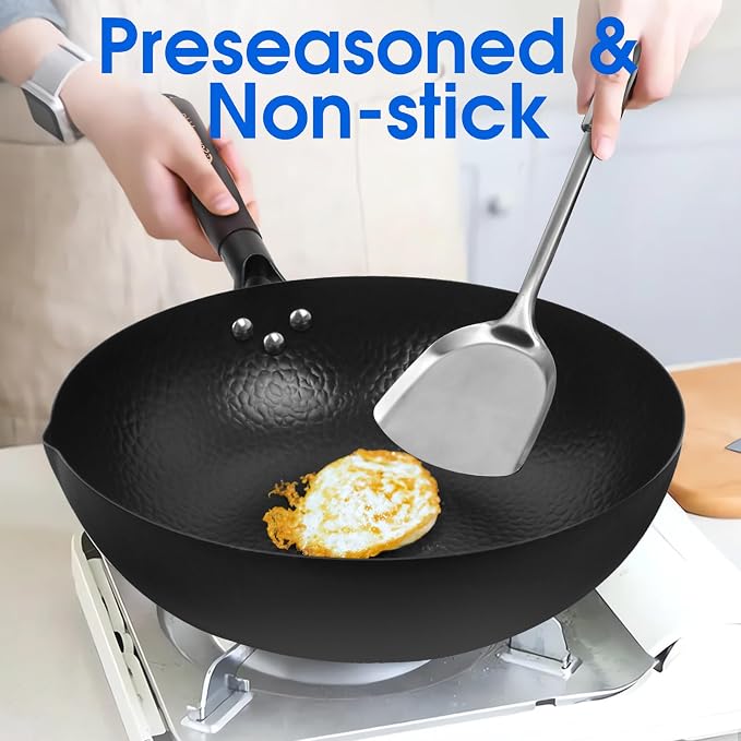 Souped Up Recipes 13.4 Inch Carbon Steel Wok For Electric, Induction and Gas Stoves (Lid, Spatula and User Guide Video Included)