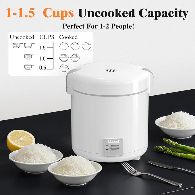Rice Cooker Small 1-1.5 Cups Uncooked(3 Cups Cooked), Mini Rice Cooker with Removable Nonstick Pot, One Touch&Keep Warm Function, Portable Travel Rice Cooker for Soup Grain Oatmeal Veggie, White