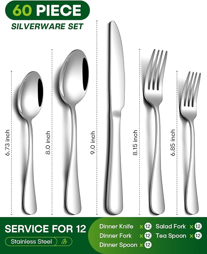 PHILIPALA 60 Piece Silverware Set, Stainless Steel Flatware Set for 12 Food Grade Novelty Flatware Cutlery Utensil Set Include Knife Fork Spoon Mirror Polished Dishwasher Safe