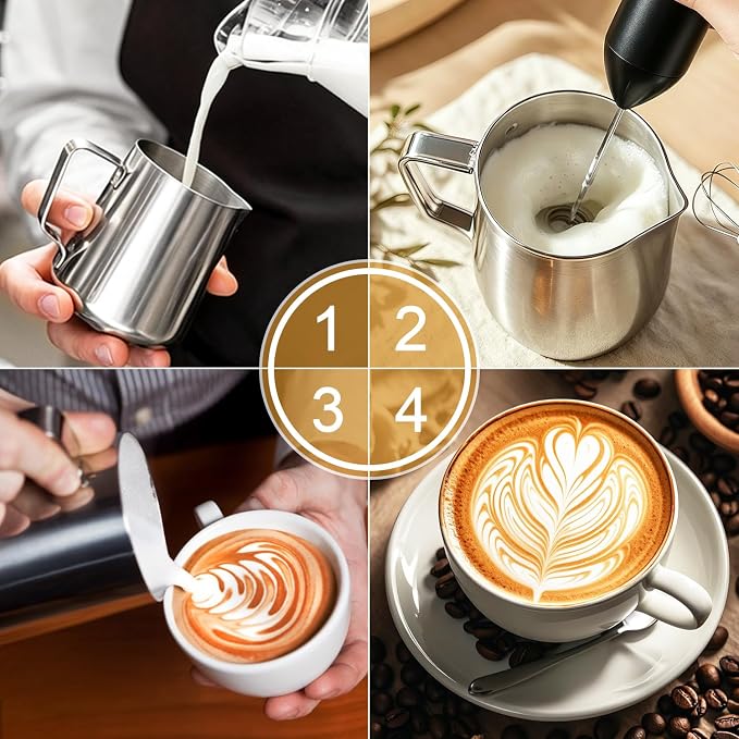 Powerful Milk Frother - Electric Handheld Milk Foam Maker with Stand, Milk Jug and 2 Stainless Steel Whisks, Rechargeable 3 Speeds for Coffee Lattes Cappuccino Matcha