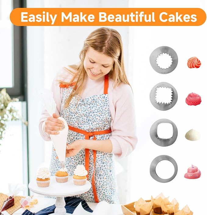 5 Pcs Large Piping Tips Set with Coupler, Stainless Steel Frosting Tips for Cake Decorating, Extra Large Pastry Nozzles for Cupcakes, Cookies, Churros, Eclairs, Meringue and Baking(F02/F06/9FT/R22L)