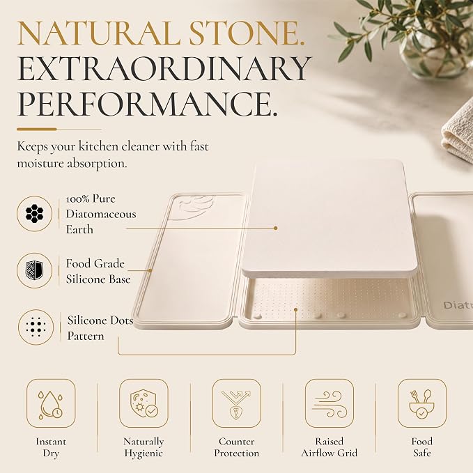 Large Stone Drying Mat for Kitchen Counter, Diatomaceous Earth Foldable Dish Drying Mat, Diatomite & Silicone Fast Water Absorbing Dry Pad, Thick Folding Drainer Mats for Dishes & Countertops
