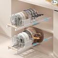 Magheo 2 Pack Pull Out Pots and Pans Organizer Under Cabinet, 22" Deep Expandable Pot Lid Organizer and Storage with 10 Adjustable Dividers Adhesive Pot and Pan Holder Rack with Handle Bracket(White)