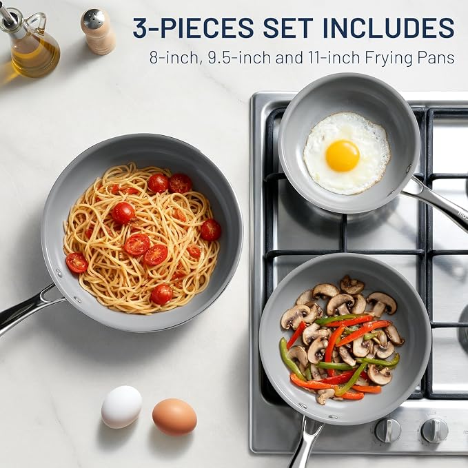 Kikcoin Ceramic Nonstick Frying Pan Set, 3 Pack 8/9.5/11 Inch Skillets, PFAS-Free Non Toxic Pans for Cooking, Induction, Oven & Dishwasher Safe