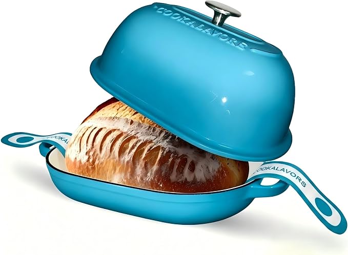 Cast Iron Bread Oven,6 QT Dutch Oven,Thick Enameled Loaf Pan with Lid,Bread Pans for Homemade Bread,14.5"Dutch Oven for Bread Baking,Dutch Ovens-with Silicone Baking Mat&Recipe,Gifts for Family,Teal