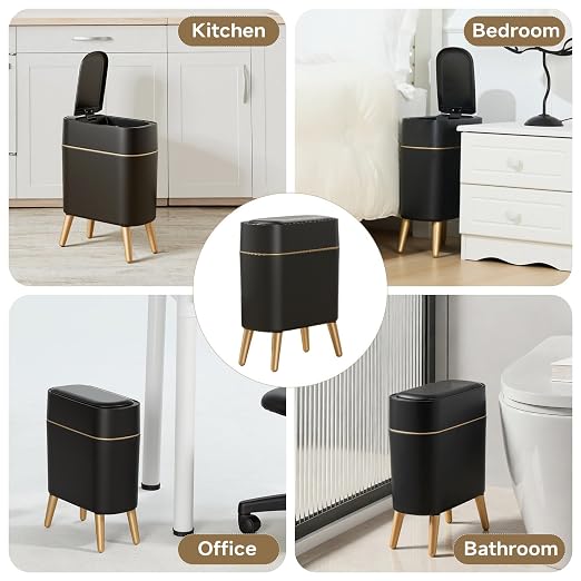 Black and Gold Sensor Trash Can Bathroom,Smart Plastic Wastebasket | Waterproof,Narrow,Motion Sensor, Convenient and Hygienic Easy to Use，2.6 gallon Small Garbage Can for Office,Bedroom,Kitchen