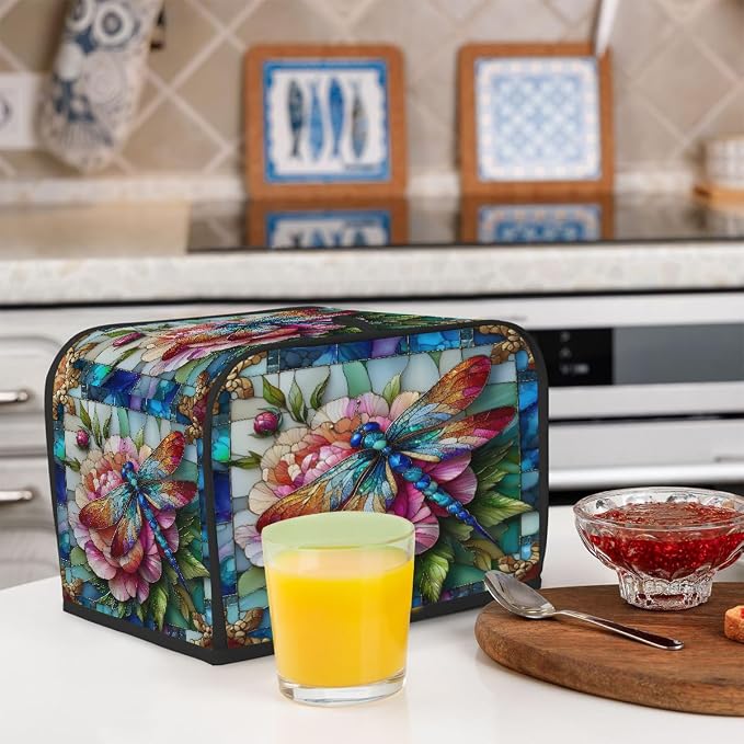 2 Slice Toaster Cover Dragonfly Flower Glass Toaster Covers Two Slice Wide Slot Waterproof and Dustproof Covers for Wide Slot Toasters and Small Appliances Kitchen Decor Gifts