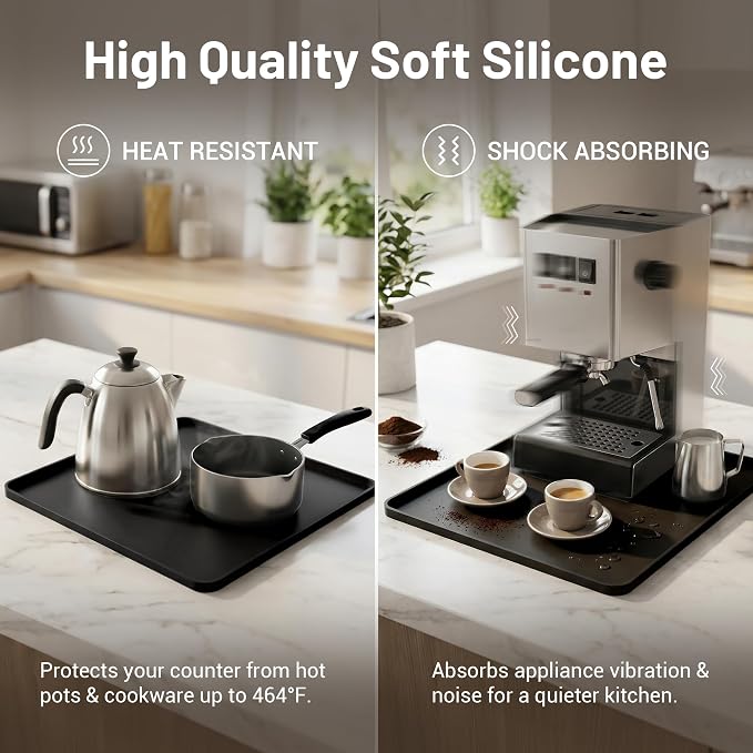 ZJWZLG Silicone Coffee Mat for Countertop, 16x16 inch - Heat Resistant Espresso Machine Mat with Raised Edge, Non-Slip Waterproof Station Pad, Compact Coffee Bar & Kitchen Accessories - Black