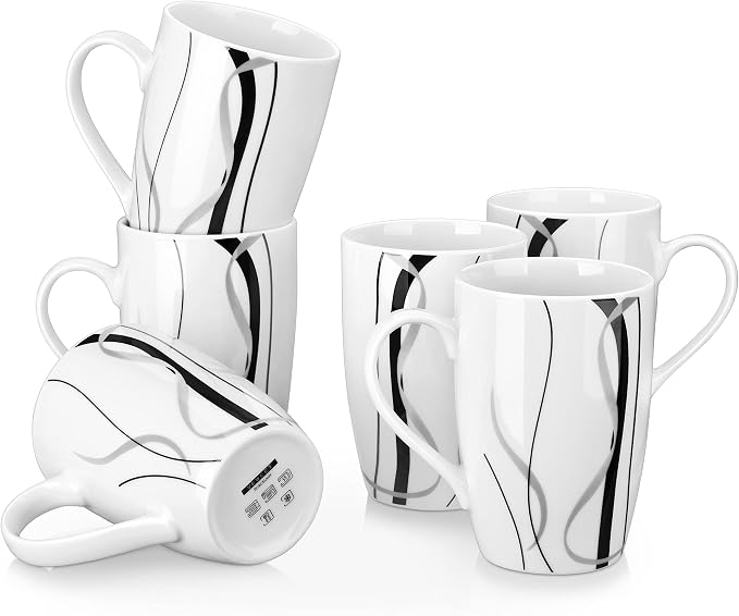 VEWEET Large Coffee Mugs Set of 6, 16 OZ White Cups Set Ceramic, Fiona | Large Coffee Mugs Set of 6 with Handle, Microwave and Dishwasher Safe White Ceramic, Easy Grip for Tea, Coffee