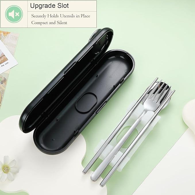 DEVICO Travel Utensils with Case Cute, Reusable Silverware for Lunch, 4Pcs Portable Cutlery Set, 18/8 Stainless Steel Fork Spoon Chopsticks in Cartoon Case, Dishwasher Safe (Black)
