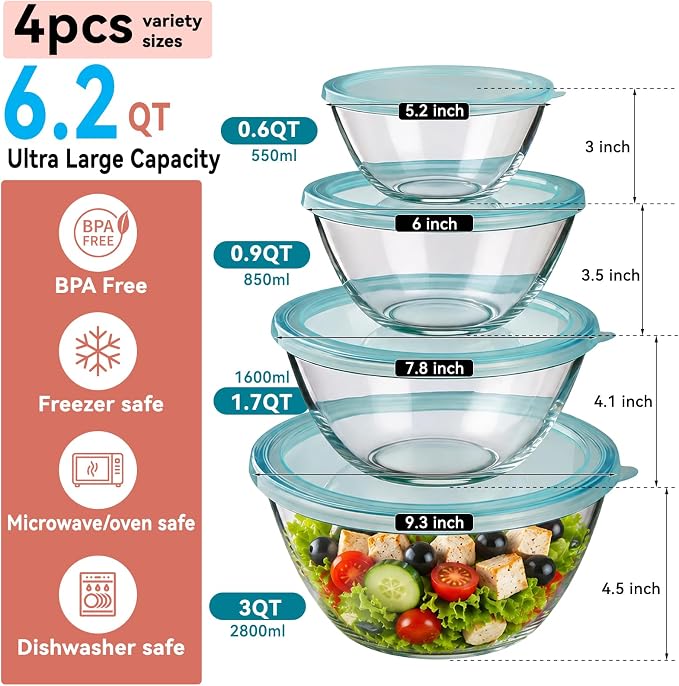 YUANYE 4 Pack Glass Mixing Bowls with Lids Set (3QT/1.7/0.9/0.6QT),Thick Glass Large Salad Bowl Set, Nesting Kitchen Bowls for Serving, Prepping, Cooking and Baking, Dishwasher, Oven,Microwave Safe