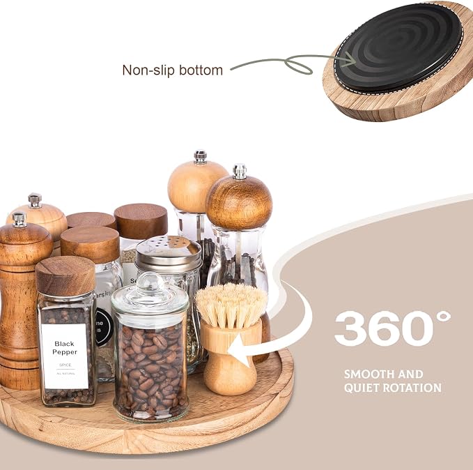 Wood Lazy Susan Turntable Kitchen Decor Round Table Tray, 10" Brown | Waterpoof, Easy clean, Non-slip, Rotating Wooden Decorative Pantry Table Tray for Seasoning, spice, snack