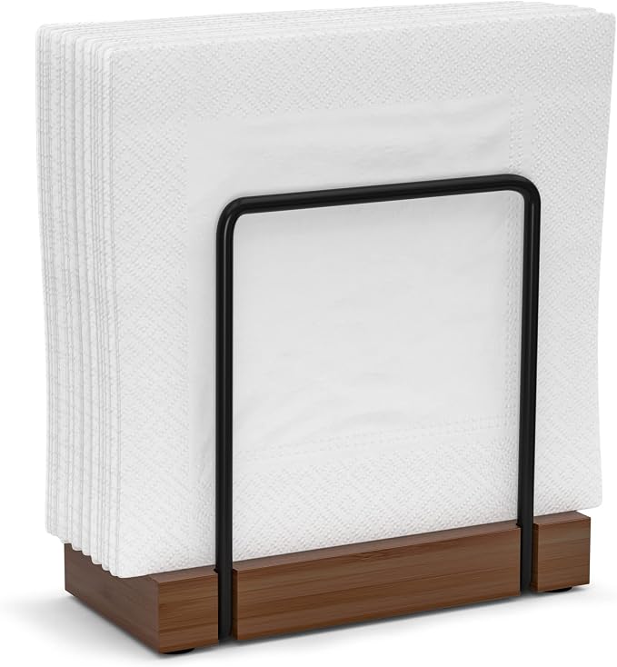 Wican Napkin Holder for Table, Bamboo Iron Standing Napkin Dispenser | Kitchen Dining Table Farmhouse Cocktail Picnic Rustic Wood Holders, Suitable for All Kitchen Dining Room Decor, Black & Brown