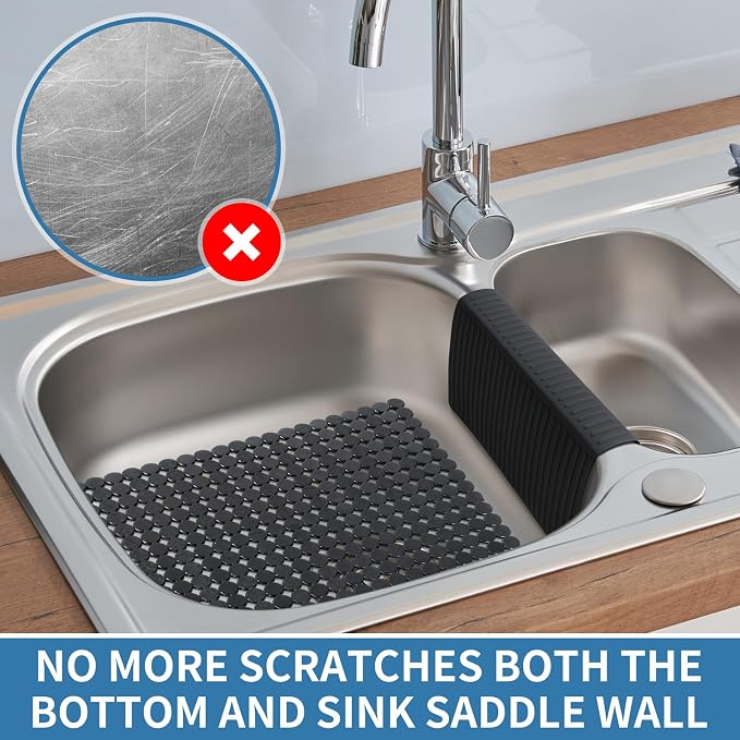 Bligli Silicone Sink Saddle, Large and Durable Sink Divider Mat with No Suction Cups, Kitchen Divided Sink Protector Mat for Glassware Dishes, Easy to Clean and No Smell, 11.8" x 12.4" (Black)